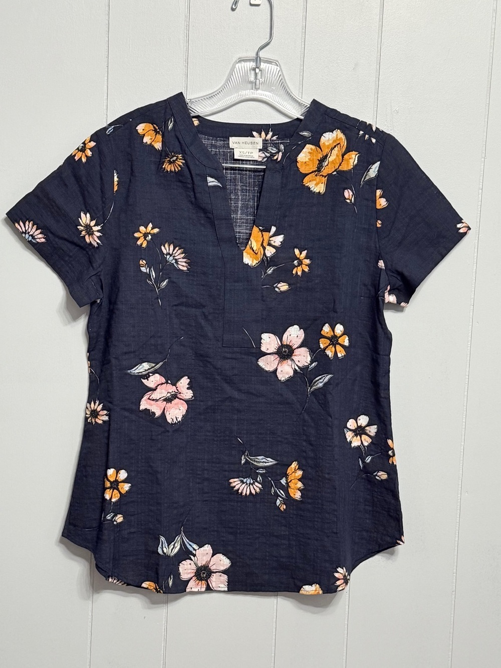 #19) Van Heusen Navy Floral Split V-Neck Short Sleeve Blouse